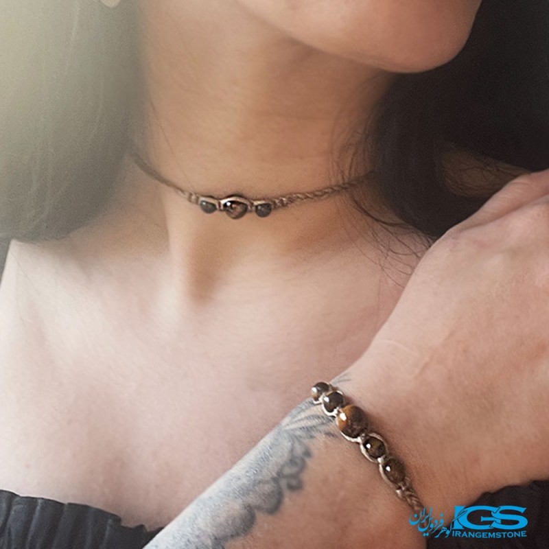 گردنبند و دستبند ست سنگ چشم ببر بافت مکرومه فری سایز TIGER EYE