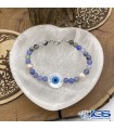 دستبند سنگ عقیق آبی  و نماد چشم نظر جنس صدف و مروارید طبیعی agate