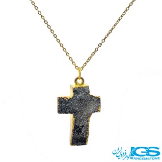 گردنبند سنگ کوارتزدودی راف طرح صلیب  بدون زنجیر
