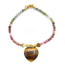 دستبند تورمالین سبزو صورتی با سنگ چشم ببر قلبی
