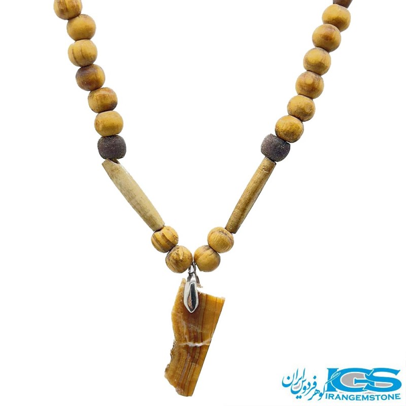 گردنبند سنگ چشم ببر با چوب درخت صندل