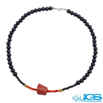 گردنبند سنگ اونیکس عقیق سیاه با مرجان طبیعی