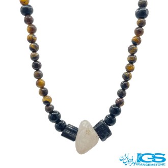 گردنبند سنگ چشم ببر و تورمالین و کریستال کوارتز مکرومه بافی