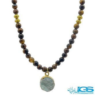 گردنبند سنگ چشم ببر  با سنگ کریستال کوارتز