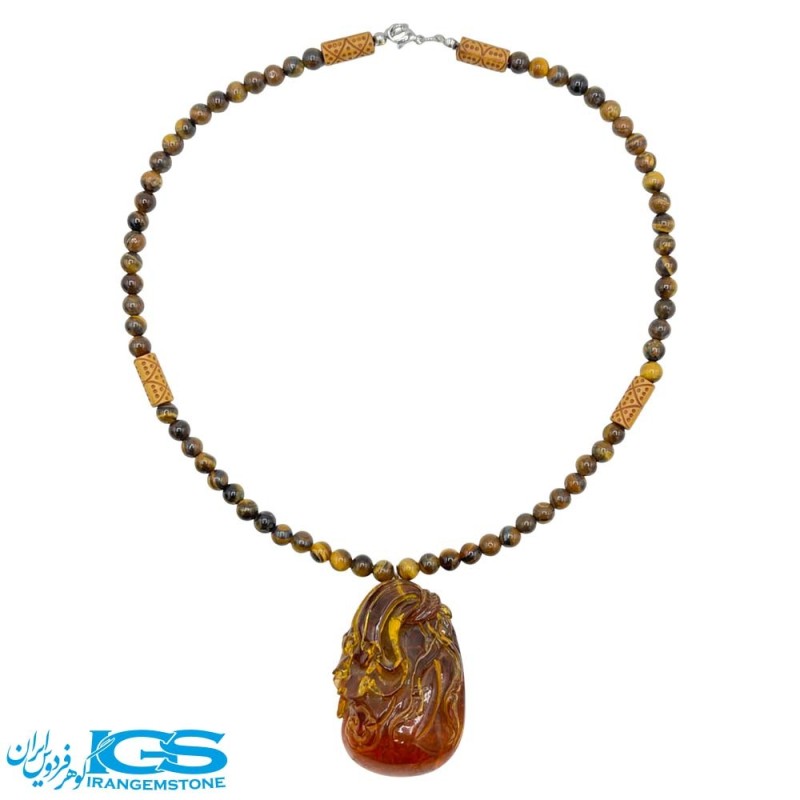 گردنبند سنگ کهربا و چشم ببر با نماد کیسه ثروت فنگ‌شویی – جذب انرژی و ثروت