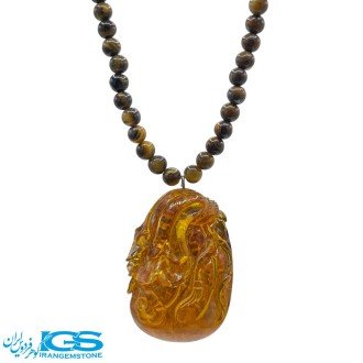 گردنبند سنگ کهربا و چشم ببر با نماد کیسه ثروت فنگشویی – جذب انرژی و ثروت
