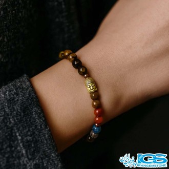 دستبند هفت چاکرا با نماد بودا طلایی و سنگ چشم ببر - سنگ شانس
