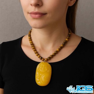 گردنبند سنگ کهربا و چشم ببر نماد بودا ثروت| جذب انرژی و ثروت