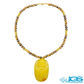 گردنبند سنگ کهربا و چشم ببر نماد بودا ثروت| جذب انرژی و ثروت