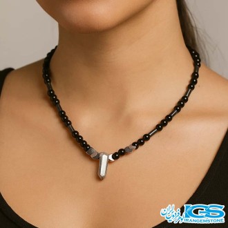 گردنبند سنگ کریستال کوارتز کروم و سنگ اونیکس و حدید
