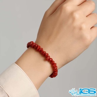 دستبند سنگ مرجان قرمز  راف چیپسی مکرومه بافی