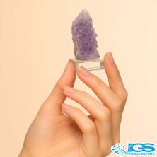 نگ راف آمیتیست دکوری بنفش روی استند کریستالی در دست