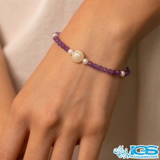 دستبند آمیتیست تراش جواهری و مروراید طبیعی