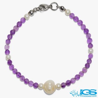 دستبند آمیتیست تراش جواهری و مروراید طبیعی