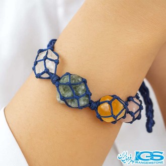 دستبند 4 سنگ رزکوارتز یشم کارنلین و کریستال کوارتز مکرومه بافی