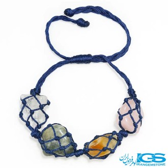 دستبند 4 سنگ رزکوارتز یشم کارنلین و کریستال کوارتز مکرومه بافی