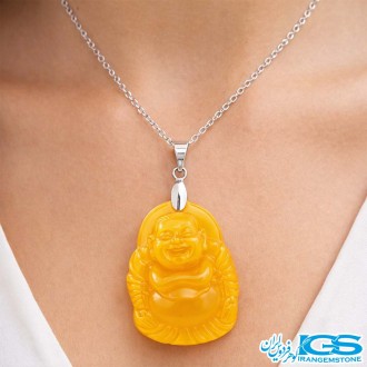 گردنبند سنگ کهربا بودا با زنجیر استیل