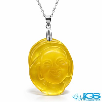 گردنبند سنگ کهربا بودا خندان با زنجیر استیل