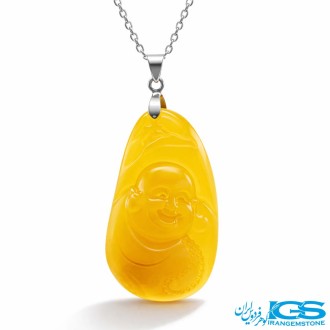 گردنبند سنگ کهربا بودا خندان با زنجیر استیل