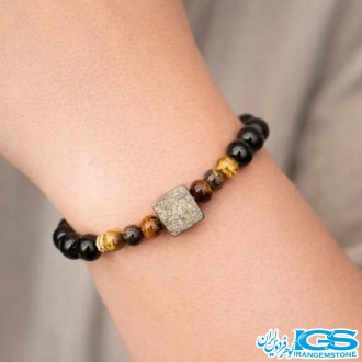 دستبند سنگ چشم ببر و اونیکس و پیریت