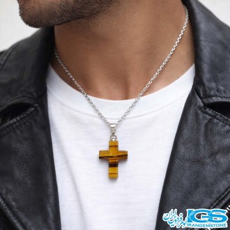 گردنبند سنگ چشم ببر طرح صلیب (بدون زنجیر)
