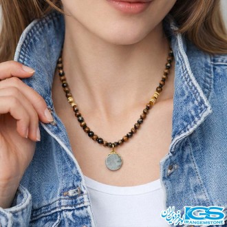 گردنبند سنگ چشم ببر  با سنگ کریستال کوارتز