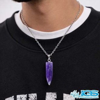 گردنبند سنگ فشنگی آمیتیست با زنجیر استیل
