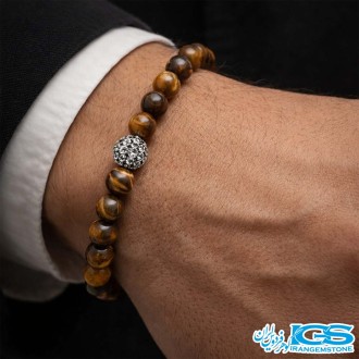 دستبند سنگ چشم ببر طرح سواروفسکی مشکی مکرومه بافی