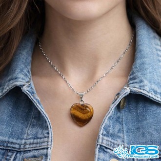 گردنبند سنگ چشم ببر قلب با زنجیر استیل