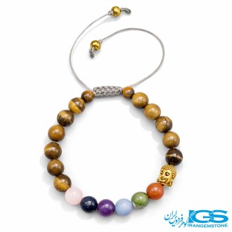 دستبند هفت چاکرا با نماد بودا طلایی و سنگ چشم ببر مکرومه بافی - سنگ شانس