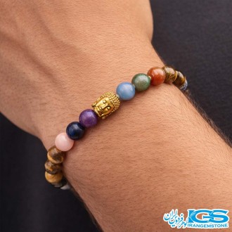 دستبند هفت چاکرا با نماد بودا طلایی و سنگ چشم ببر مکرومه بافی - سنگ شانس