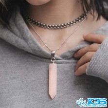 گردنبند رزکوارتز منشور با زنجیر استیل