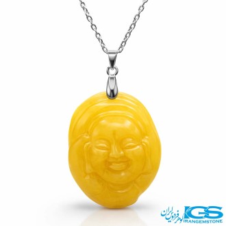 گردنبند سنگ کهربا بودا خندان با زنجیر استیل
