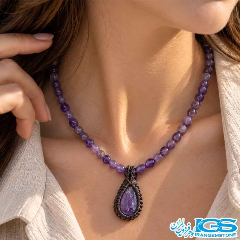 گردنبند آمیتیست مکرومه بافی اصل | تسکین درد