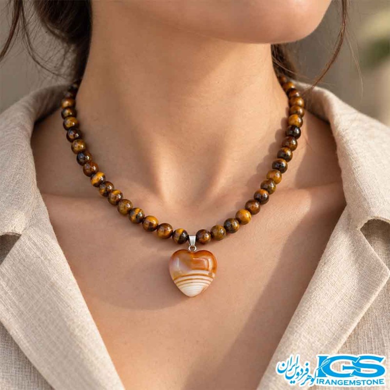 گردنبند چشم ببر اصل  و کارنلین قلبی  مکرومه بافی - ثروت و قدرت