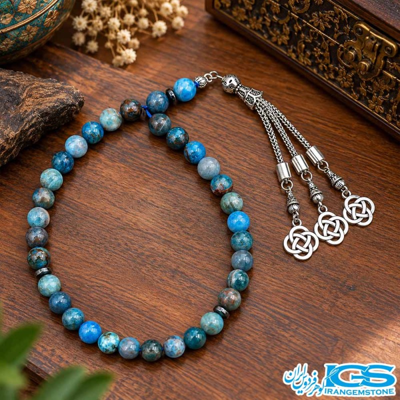 تسبیح سنگ آپاتیت آبی ۳۳ دانه