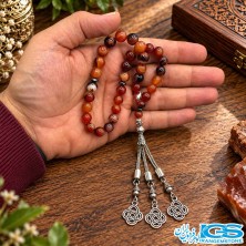 تسبیح عقیق سرخ کارنلین رگه‌دار اصل ۳۳ دانه‌ای