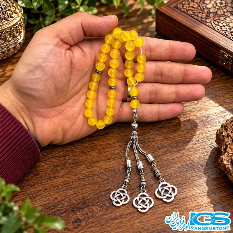 تسبیح عقیق زرد شرف الشمس ۳۳ تایی اصل