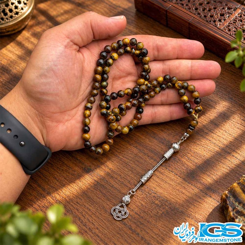 تسبیح چشم ببر ۹۹ تایی اصل سنگ طبیعی با رگه‌های طلایی و قهوه‌ای