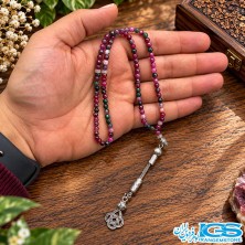 تسبیح تورمالین هندوانه‌ای ۹۹ دانه‌ای با رنگ صورتی و سبز