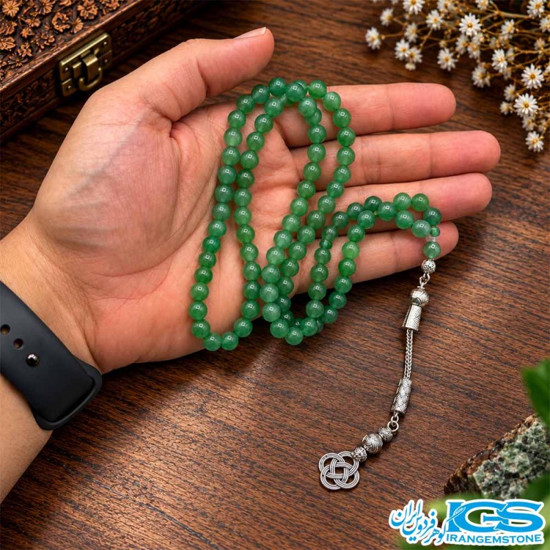 تسبیح آونتورین سبز اصل ۹۹ دانه سایز ۶ میلی‌متر