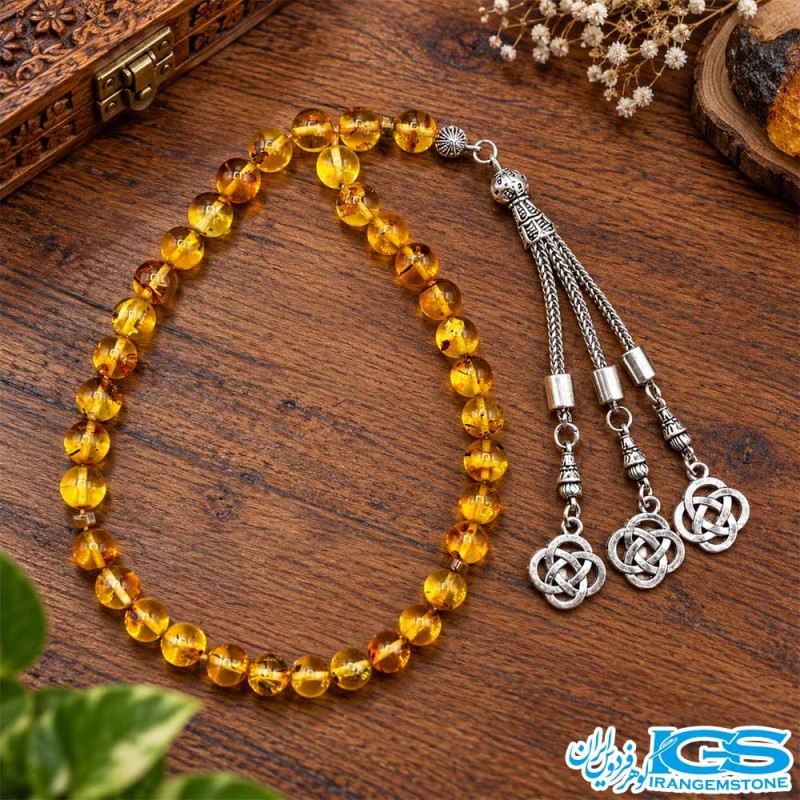 تسبیح سنگ کهربا لهستانی ۳۳ مهره مناسب ذکر و هدیه