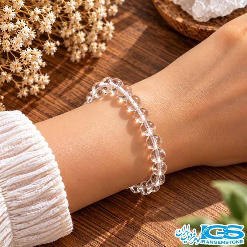 دستبند دُر نجف اصل کوارتز مکرومه‌بافی با سنگ شفاف