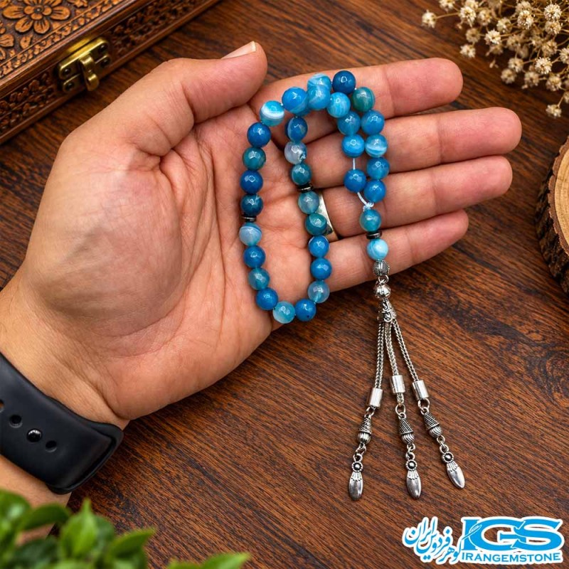تسبیح عقیق آبی ۳۳ دانه‌ای مناسب ذکر و نیایش