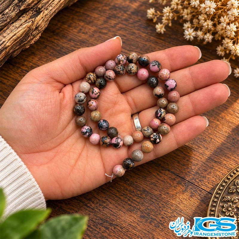 ریسه رودونیت طبیعی گرید B+ سایز 8 میلی‌متر مناسب ساخت زیورآلات سنگی