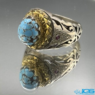 انگشتر نقره مردانه فیروزه طبیعی نیشابور با نگین یاقوت TURQUOISE