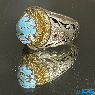 انگشتر نقره مردانه فیروزه طبیعی نیشابور با نگین یاقوت TURQUOISE