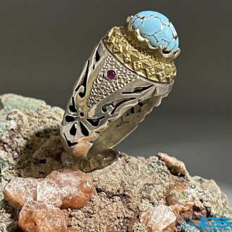 انگشتر نقره مردانه فیروزه طبیعی نیشابور با نگین یاقوت TURQUOISE