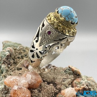 انگشتر نقره مردانه فیروزه طبیعی نیشابور با نگین یاقوت TURQUOISE