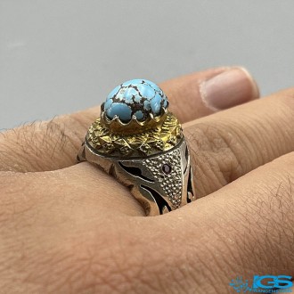 انگشتر نقره مردانه فیروزه طبیعی نیشابور با نگین یاقوت TURQUOISE